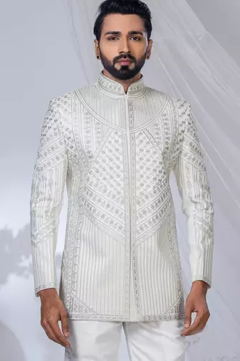 White rayon embroidered bandhgala for mens