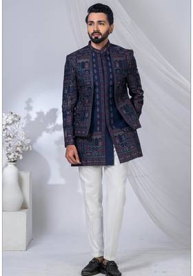Blue silk embroidered indo western for mens 1