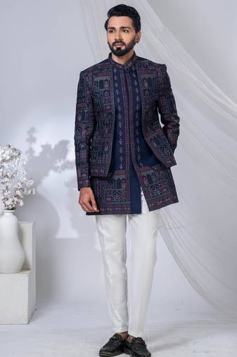 Blue silk embroidered indo western for mens