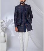 Blue silk embroidered indo western for mens