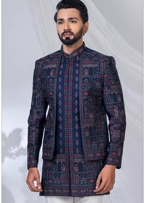 Blue silk embroidered indo western for mens 2