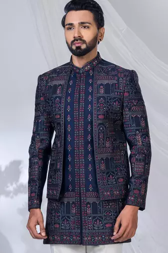 Blue silk embroidered indo western for mens