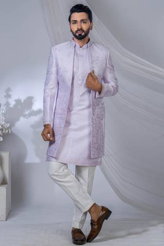 Purple silk embroidered bandhgala for mens