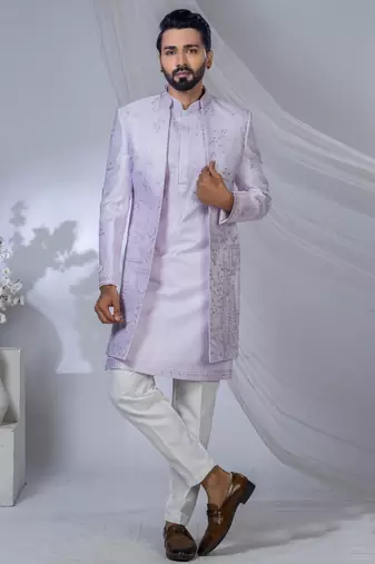 Purple silk embroidered bandhgala for mens