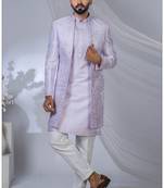 Purple silk embroidered bandhgala for mens