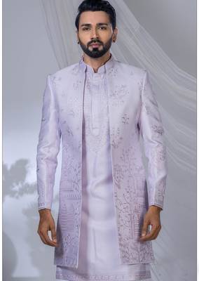 Purple silk embroidered bandhgala for mens 2