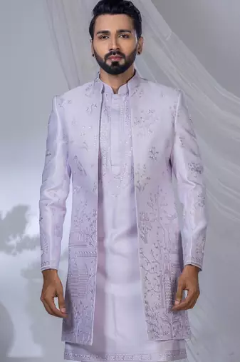 Purple silk embroidered bandhgala for mens