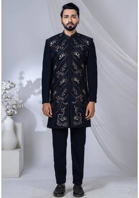 Blue rayon hand woven sherwani for mens 1