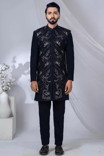 Blue rayon hand woven sherwani for mens