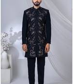 Blue rayon hand woven sherwani for mens