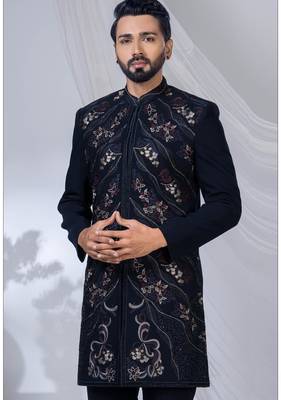 Blue rayon hand woven sherwani for mens 2