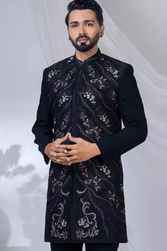 Blue rayon hand woven sherwani for mens