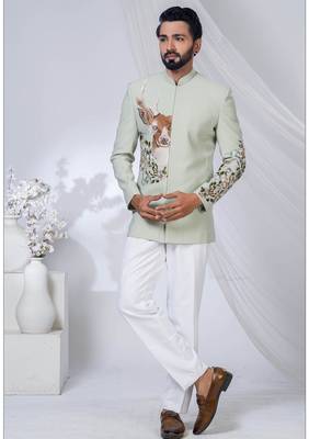 Green rayon embroidered bandhgala for mens 1
