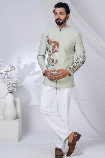 Green rayon embroidered bandhgala for mens