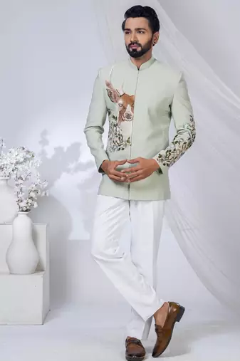 Green rayon embroidered bandhgala for mens