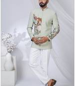 Green rayon embroidered bandhgala for mens