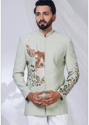 Green rayon embroidered bandhgala for mens 2