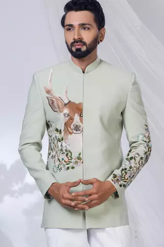 Green rayon embroidered bandhgala for mens