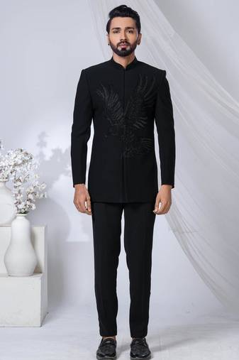 Black rayon hand woven bandhgala for mens