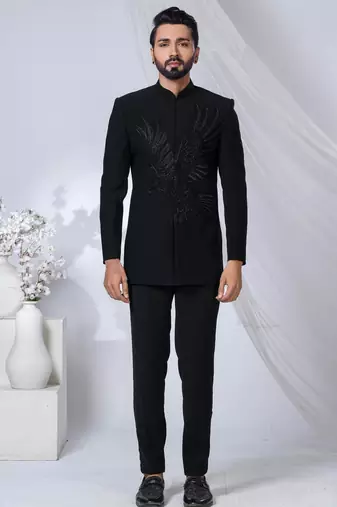 Black rayon hand woven bandhgala for mens
