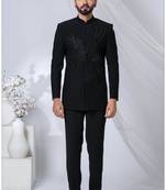 Black rayon hand woven bandhgala for mens