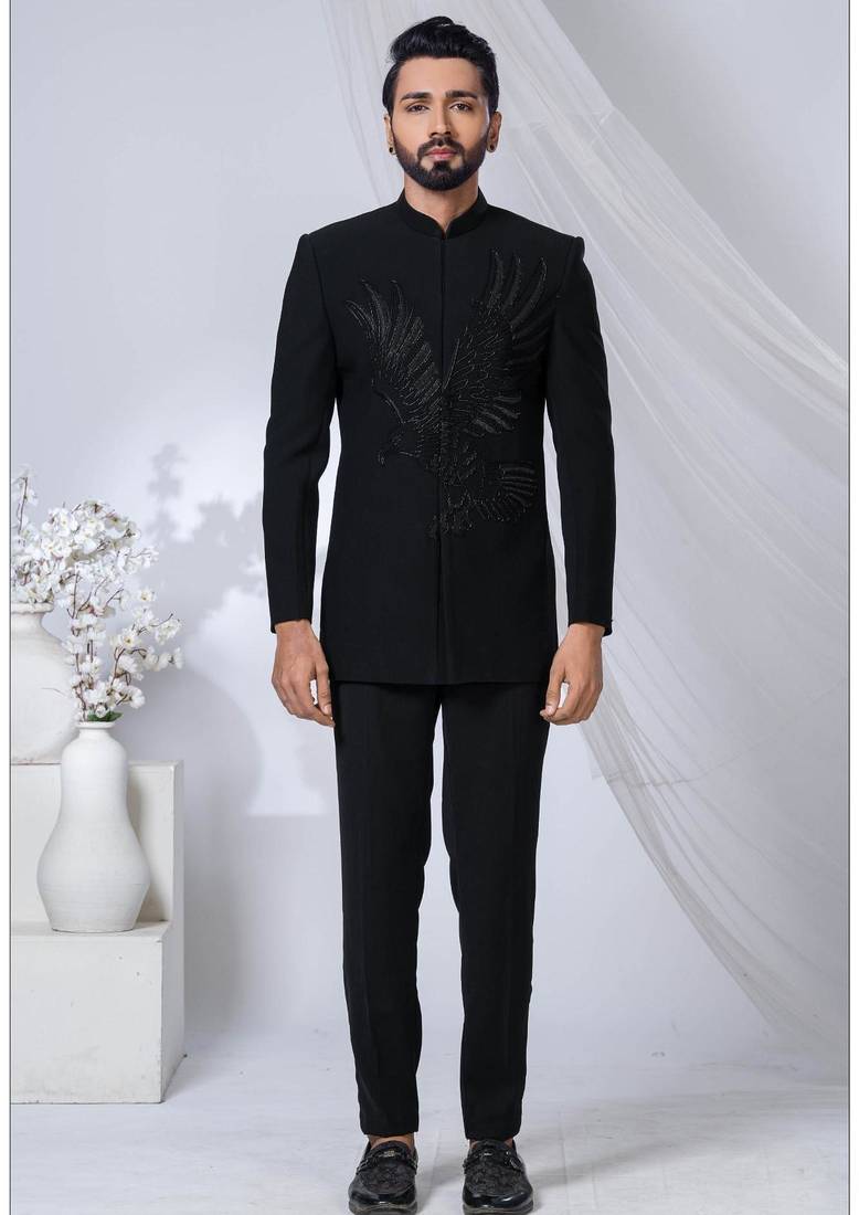 Black rayon hand woven bandhgala for mens