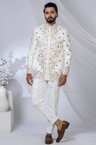White rayon embroidered bandhgala for mens