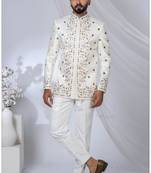 White rayon embroidered bandhgala for mens