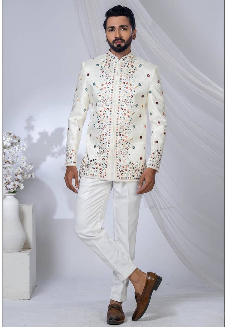 White rayon embroidered bandhgala for mens