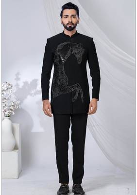 Black rayon hand woven bandhgala for mens 1