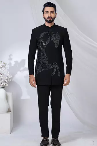 Black rayon hand woven bandhgala for mens