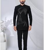 Black rayon hand woven bandhgala for mens