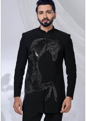 Black rayon hand woven bandhgala for mens 2