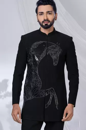Black rayon hand woven bandhgala for mens