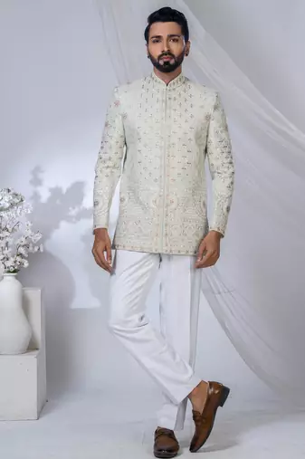 Cream rayon embroidered bandhgala for mens