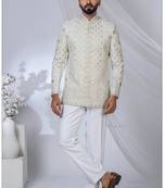 Cream rayon embroidered bandhgala for mens