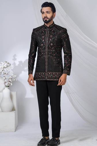 Black rayon embroidered bandhgala for mens