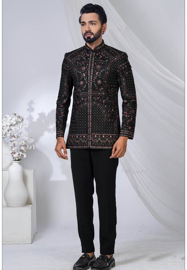 Black rayon embroidered bandhgala for mens