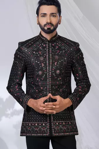Black rayon embroidered bandhgala for mens