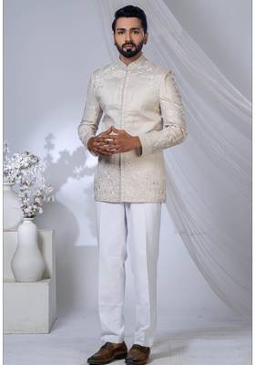 Off white rayon embroidered bandhgala for mens 1