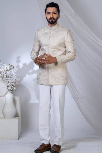 Off white rayon embroidered bandhgala for mens