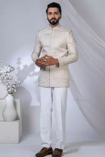Off white rayon embroidered bandhgala for mens