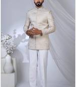 Off white rayon embroidered bandhgala for mens