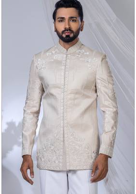 Off white rayon embroidered bandhgala for mens 2