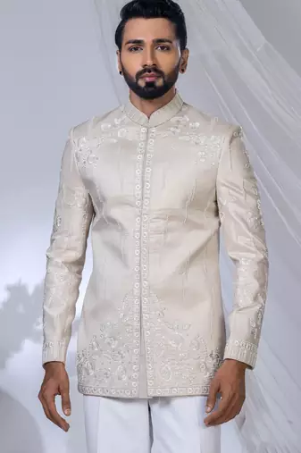 Off white rayon embroidered bandhgala for mens