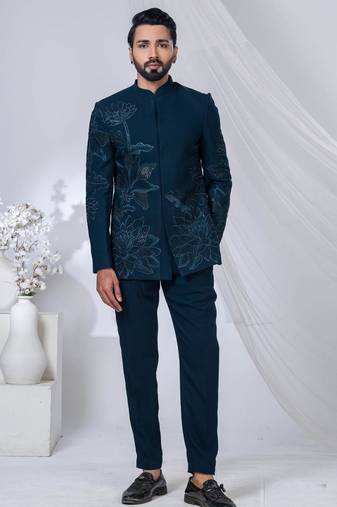 Blue rayon hand woven bandhgala for mens