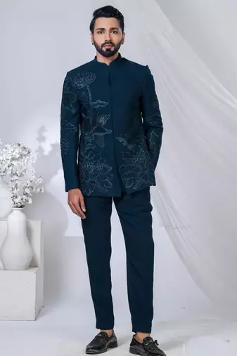 Blue rayon hand woven bandhgala for mens