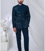 Blue rayon hand woven bandhgala for mens