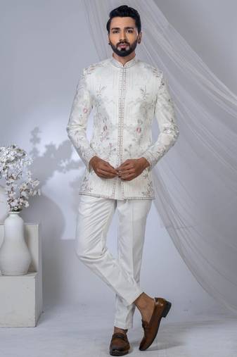 White rayon embroidered bandhgala for mens
