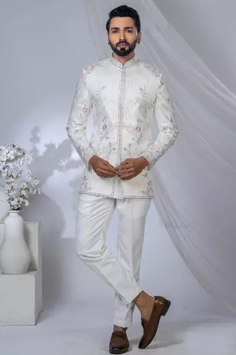 White rayon embroidered bandhgala for mens